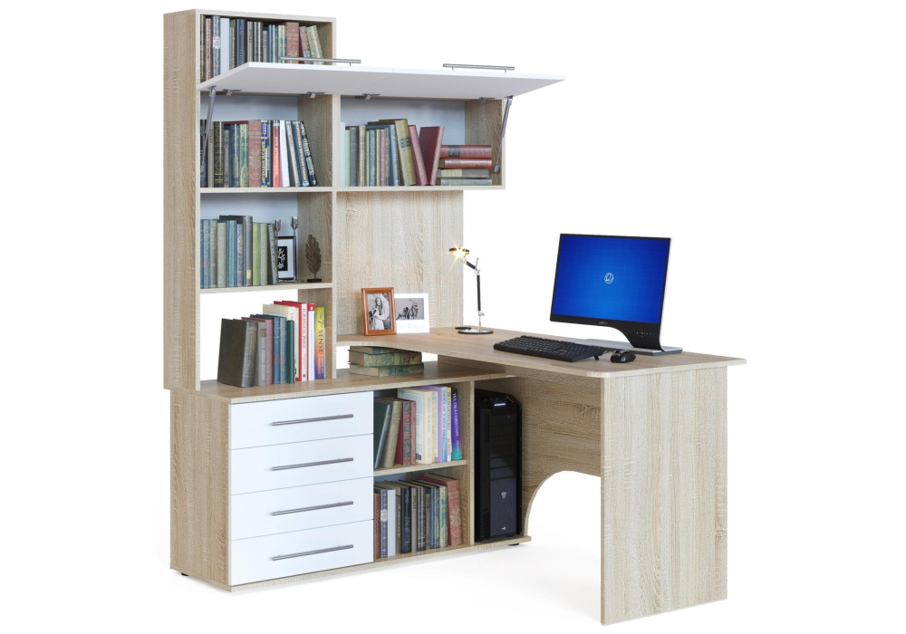 фото компьютерный стол woodville левый дуб сонома / белый 285121 | 220svet.ru