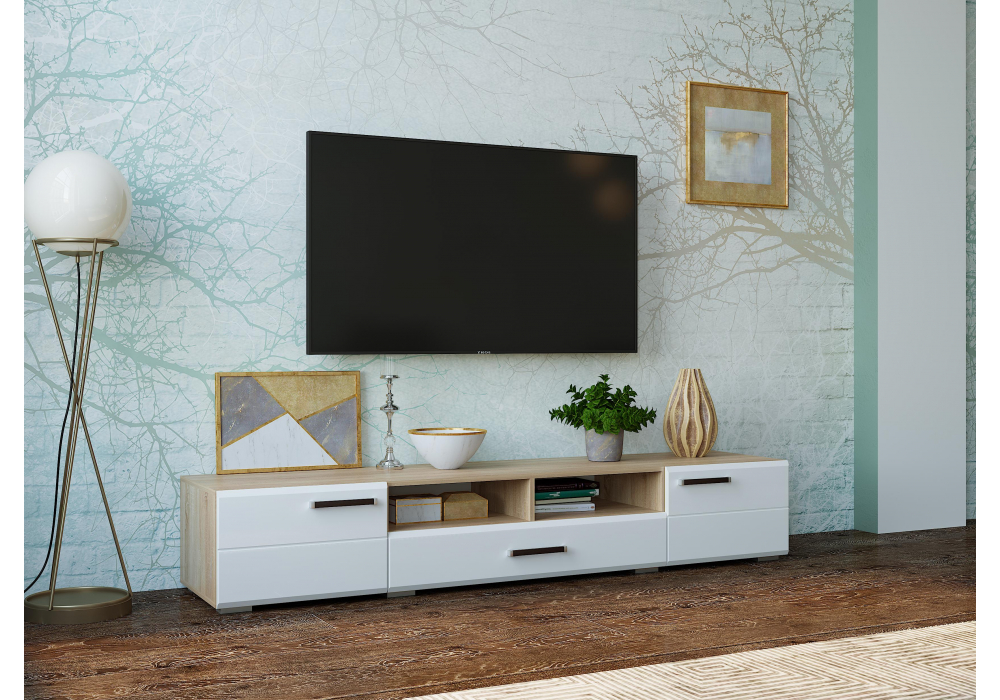 фото тв-тумба woodville иоги 2.0 сонома / белый глянец 602823 | 220svet.ru