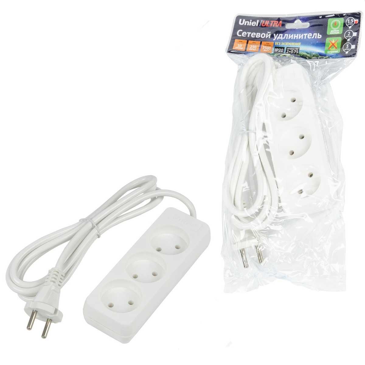 фото удлинитель uniel ultra 3гн х 1,5м б/з s-cu3-1,5 white ul-00009979 | 220svet.ru