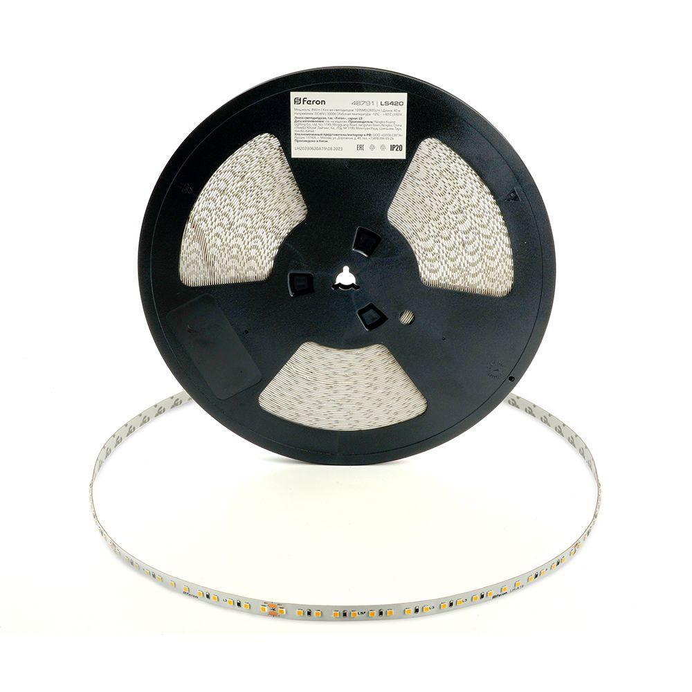 фото светодиодная лента feron 8w/m 120led/m 2835smd теплый белый 40m ls420 48791 | 220svet.ru