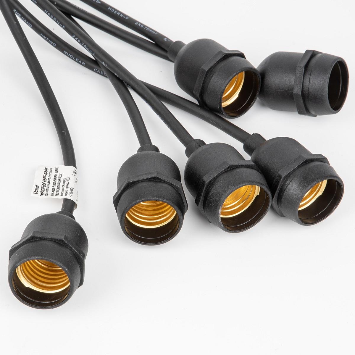 фото гирлянда для освещения теплиц 5м+3м uniel udl-k230 6/e27/5m ip54 black belt-light greenhouse ul-00010925 | 220svet.ru