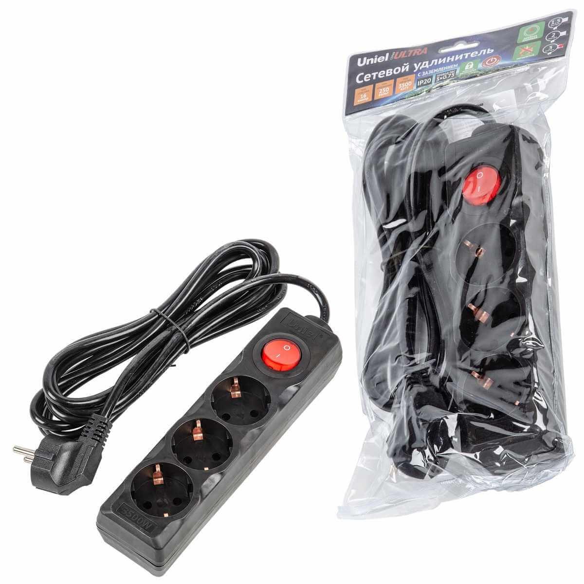 фото удлинитель uniel ultra 3гн х 3м с/з s-gcu3-3b black ul-00010017 | 220svet.ru